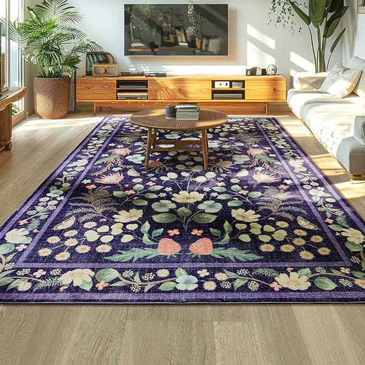 Area Rugs for Living Room, Non-Slip 4x6 Washable Rug for Bedroom,Vintage Floral Carpet for Entryway Office Kitchen Dining Room, Purple