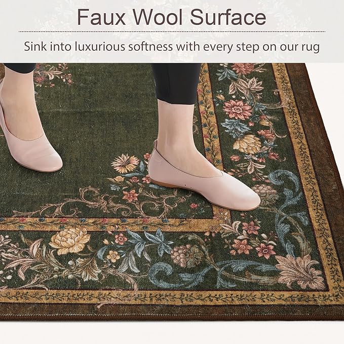 RYB HOME Stain Resistant Kitchen Rug Machine Washable, Floral Vintage Entrance Door Mat Carpet, Soft Wool Non Slip for Hallway Bathroom Laundry Foyer, 2x3ft