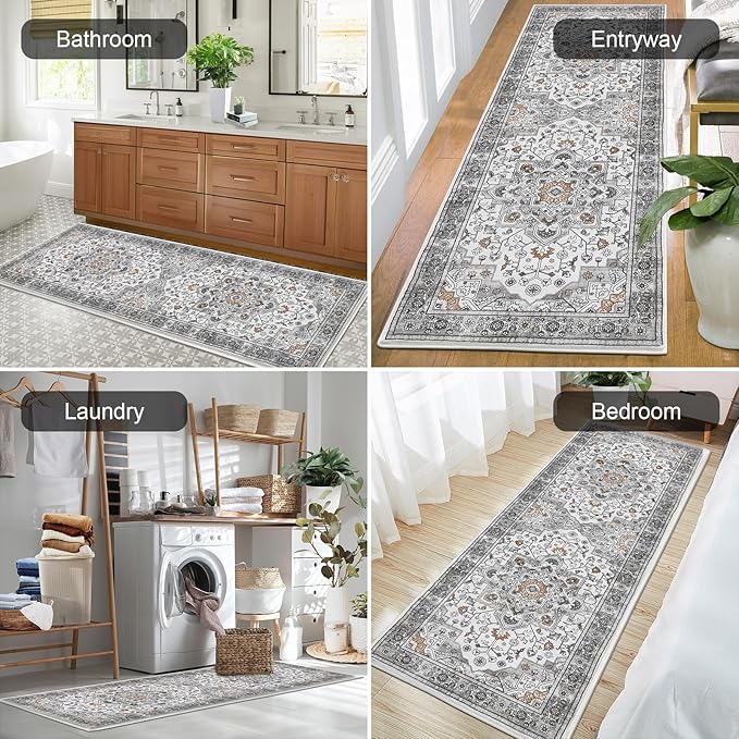 HEBE Hallway Runner Rug 2'x6' Washable Vintage Distressed Area Rugs Non Slip Laundry Rug Runner Boho Floor Carpet Runners for Hallways Entryway Laundry Room Kitchen Bathroom