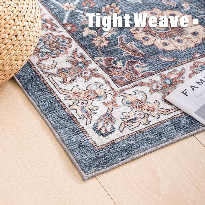 Carvapet Floral Rugs for Living Room Bedroom, Vintage Dark Blue Low Pile Large Carpet with Rubber Backing, Foldable, Non Slip Machine Washable (9 x 6 Feet Rectangular, Dark Blue Area Rug)