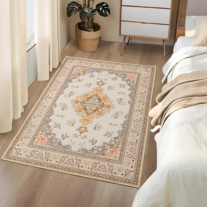 Tepook 2x3 Vintage Washable Rug - Non-Slip Low-Pile Door Mat for Entryway, Kitchen, Bedroom, Bathroom, Foyer - Indoor Throw Rug in Beige