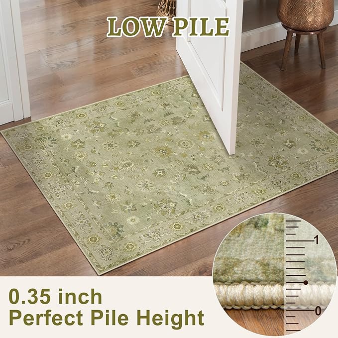2x10 Washable Runner Rug for Hallways, Floral Vintage Non Slip, Soft Low Pile Long Rugs Runner, Print Distressed Green Carpet Runners for Kitchen Bedroom Entryway Living Room