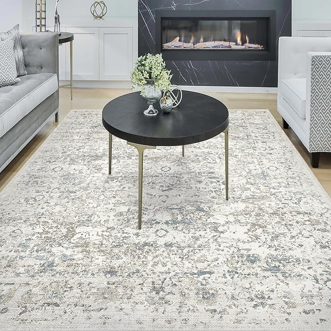 Area Rug 8x10 Washable Rug Living Room Vintage Rug Non Slip Accent Thin Retro Floral Print Indoor Mat for Bedroom Kitchen (Cream-Based with Grey 8x10)…
