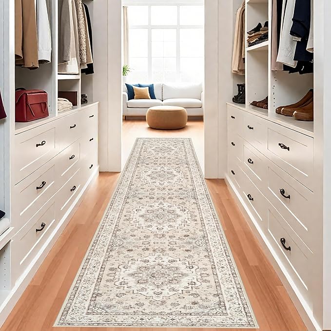 3x12 Hallway Washable Runner Rug: Vintage Non-Shedding Living Room Carpet Distressed Low Pile Floor Mats for Kitchen Bedroom Thin Non-Slip 12ft Indoor Rugs for Entryway Nursery Room (3x12,Cream/Beige)