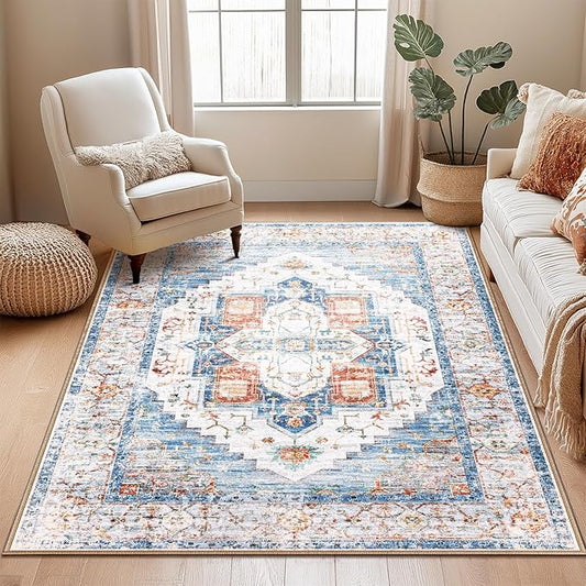 Washable 4x6 Area Rugs, Rugs for Living Room, Low-Pile Water&Stain Resistant Carpet Vintage Distressed Printed Non-Slip Carpet for Bedroom Bathroom Kitchen-Blue