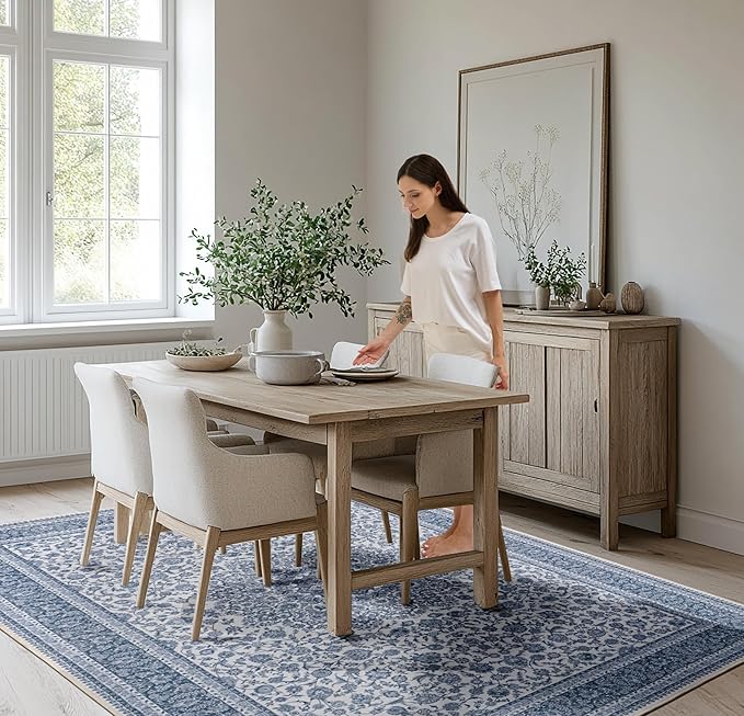 Floral Washable Area Rug 6x9, Spill-Proof Surface, Non-Slip Backing, Cozy Soft Faux Wool, Printed Rug for Living Room, Bedroom, Dining Room Nursery- Ieve