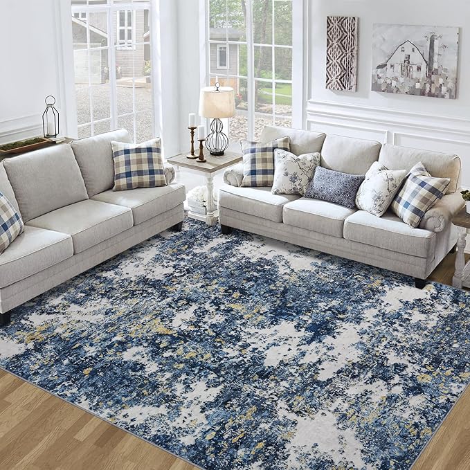 10x14 Area Rugs Living Room Rugs: Large Washable Rug with Anti-Slip Backing Non-Shedding Stain-Resistant Soft Abstract Carpet for Bedroom Dining Room Nursery Home Office-Blue/Multi
