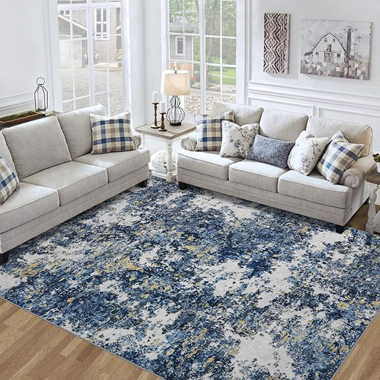 10x14 Area Rugs Living Room Rugs: Large Washable Rug with Anti-Slip Backing Non-Shedding Stain-Resistant Soft Abstract Carpet for Bedroom Dining Room Nursery Home Office-Blue/Multi