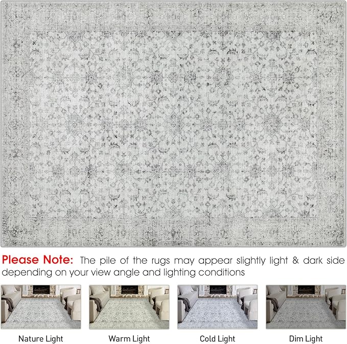 Washable Rugs 8x10 Area Rugs, Soft Vintage Living Room Rug with Anti-Skid Backing Stain Resistant Thin Indoor Carpet Large Area Rug for Bedroom Under Dining Room Table Nursery Entryway-Light Gray