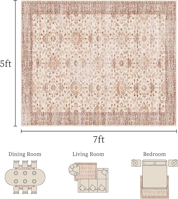 5x7 Rug, Washable Neutral Boho Modern Vintage Non Slip Floral Area Carpet, Low Pile Soft Rugs, Slip Resistance, Pet-Friendly, Durable Rug for Living Room, Bedroom, Kitchen, Dining Room