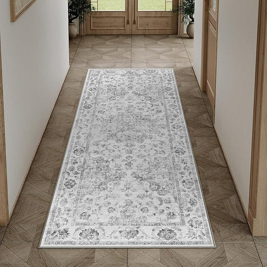 2x5 Washable Neutral Runner Rug Grey Hallway Kitchen Non-Slip Low Pile Floral Carpet Vintage Soft Thin Small Throw Rug for Bathroom Bedroom Entryway Indoor Entrance