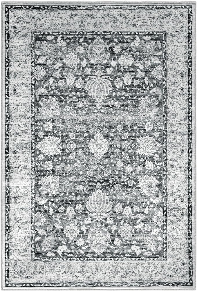 Small 2x3 Throw Rug - Vintage Moroccan Floral, Machine Washable, Low Pile Non Slip Entryway Rug for Kitchen, Bedroom, Laundry Room, Grey