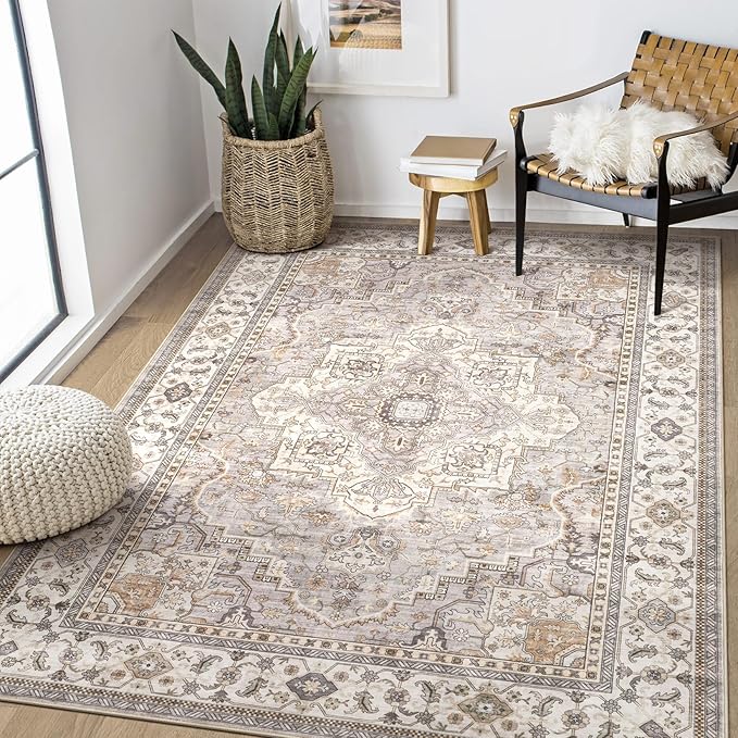 Washable Area Rugs for Living Room - 5x7 Neutral Vintage Distressed Floral Farmhouse Boho Large Soft Floor Rug Indoor Non Slip Carpet for Bedroom Dining Room Office - Grey