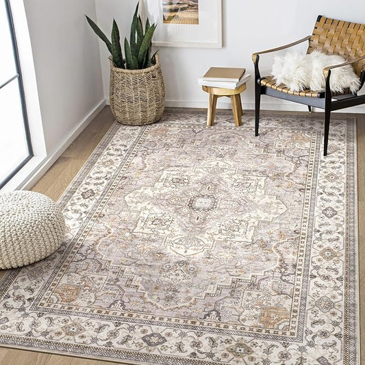 Washable Area Rugs for Living Room - 5x7 Neutral Vintage Distressed Floral Farmhouse Boho Large Soft Floor Rug Indoor Non Slip Carpet for Bedroom Dining Room Office - Grey