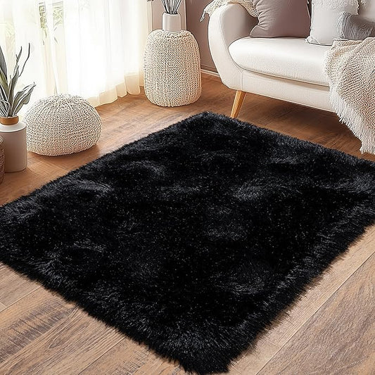 Black Fluffy Rug for Bedroom 3x5 ft Small Rug - Ultra Soft & Non Slip Shaggy Area Rug, Comfy Durable Carpet for Living Room Kids Room Teens Dorm Home Decor, 1.7'' Thick Indoor Plush Carpets
