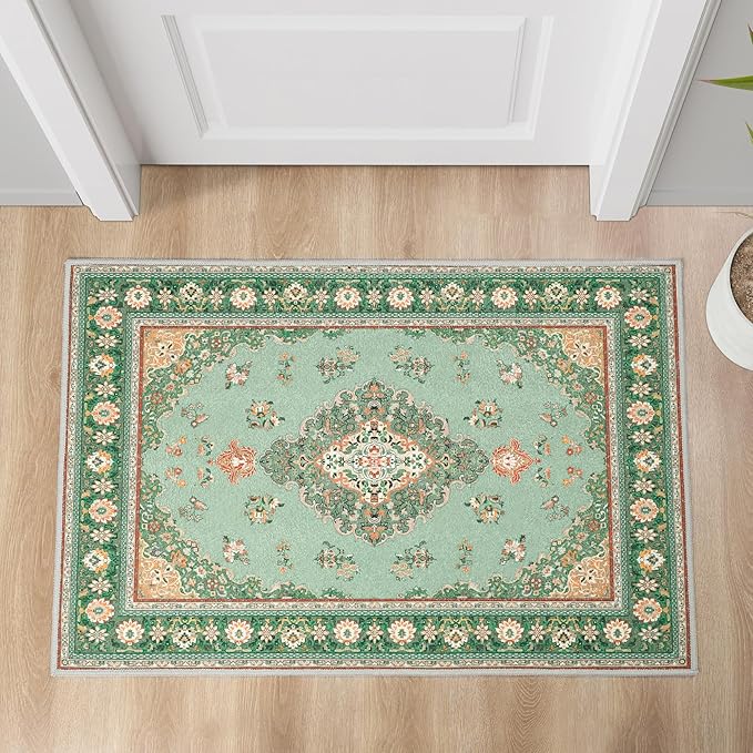 Tepook Small Rug for Entryway, Front Door Mat Indoor Entrance Rugs, Non-Slip Kitchen Carpet Vintage 2x3 Washable Rug, Low-Pile Throw Rugs for Entryway Bedroom Bathroom Foyer Cabinets, Green