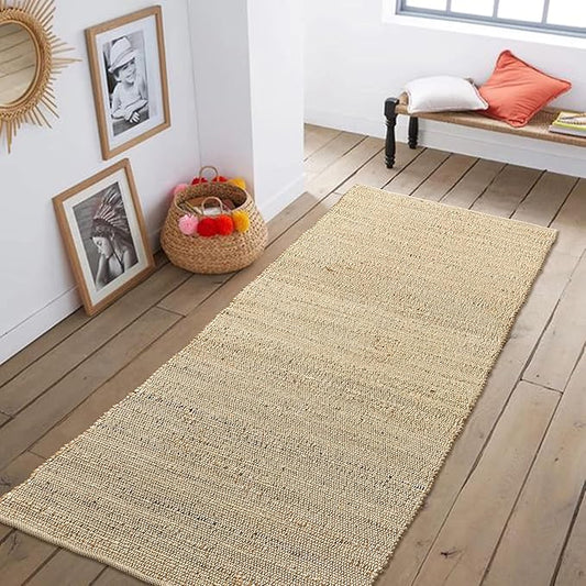 Chardin Home 2.5x8 Jute Cotton Hand Woven Runner Rug, Natural Jute/Ivory Braided Hallway mat, Boho, Rustic, Farmhouse, Vintage, Reversible Natural Fiber Rugs for Bedroom, Living Room, Kitchen,entryway