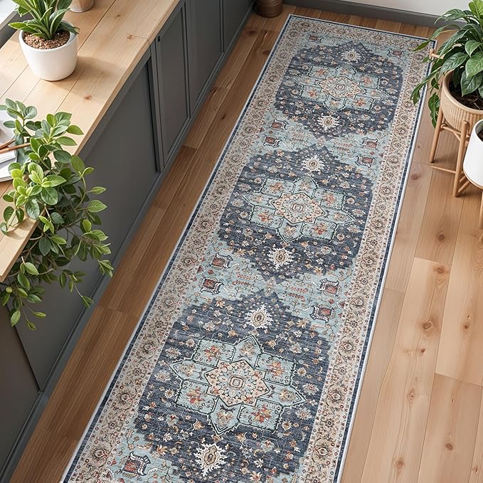 Washable Oriental Hallway Runner Rug - 3x10 Rugs for Living Room Soft Carpet for Bedroom Kitchen Waterproof Floral Distressed Indoor Stain Resistant Non-Shedding Floor Carpets (Blue/Teal/Orange, 3X10)