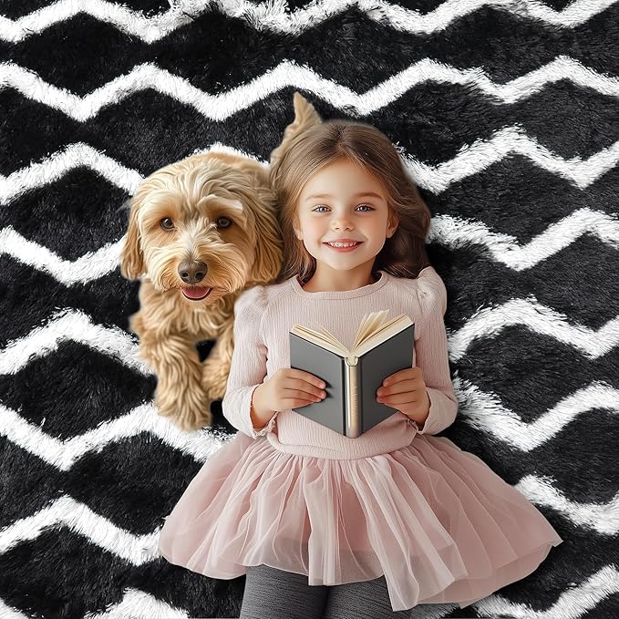 RUGTUDER Soft Fluffy Runner Rug for Bedroom, 2x6 Washable Plush Fuzzy Shaggy Bedside Rugs Black and White Striped Chevron Rugs, Non Slip Long Rug for Living Room Boys Room Kids Nursery Teen Dorm Decor