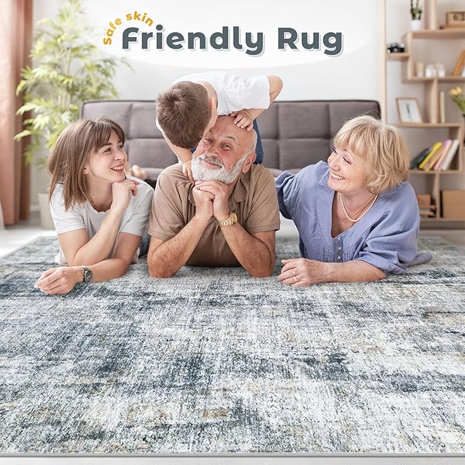 Washable Entryway 2x3 Rugs: Neutral Small Area Rug Abstract Non Slip Modern Indoor Door Mat for Kitchen Bedroom Hallway Office (Multi Blue, 2'x3')
