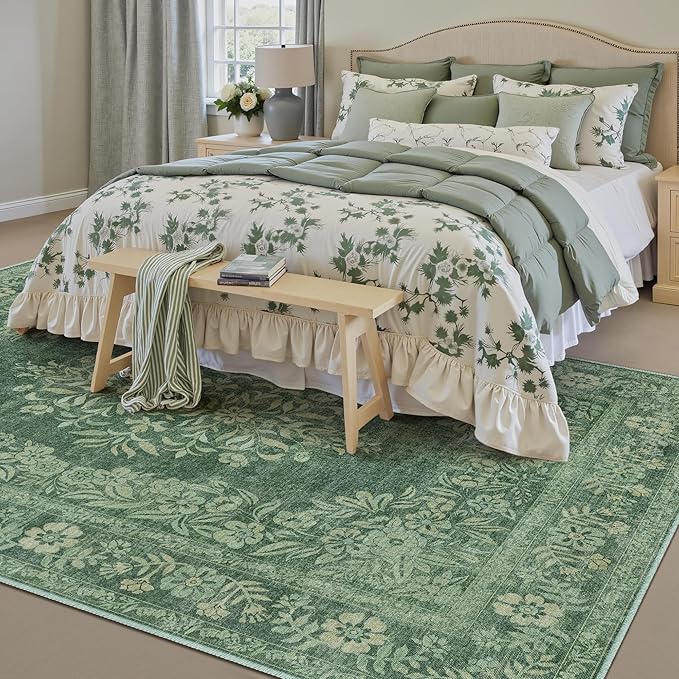 3x5 Area Rug Green Washable Office Vintage Distressed Carpet Bedroom Indoor Medallion Floral Living Room Non Slip Retro Throw Floor Mat for Dining Room Kitchen Bathroom