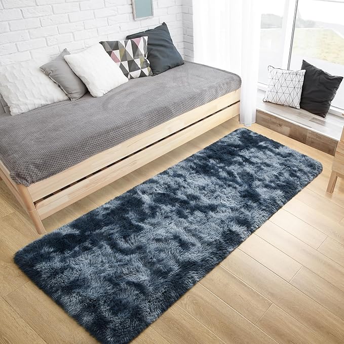 Tepook Fluffy Runner Rugs for Bedroom Aesthetic 2x6 Feet, Shag Soft Bedside Rug with Non-Slip Bottom, Fuzzy Plush Carpet for Room, Hallway Rug for Nursery Dorm Indoor Home Decor, Tie-dye Dark Blue