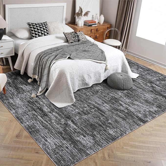 Bedroom Area Rug 4x6 Modern Abstract Area Rug Stain Resistant Small Living Room Rug Contemporary Dining Room Rug Non-Slip Solid Rug Aesthetic Accent Floor Carpet for Kitchen Office, Dark Grey