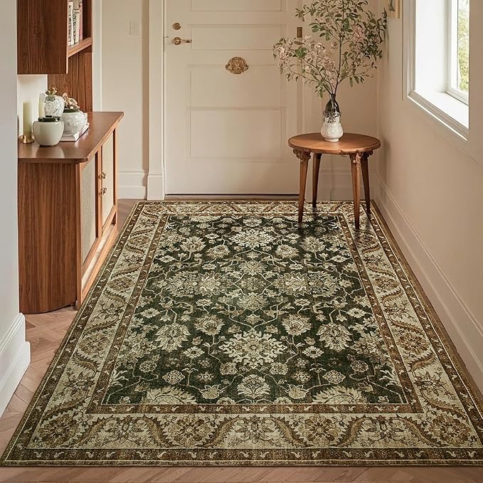 Area Rugs for Living Room, 4x6 Washable Rugs for Bedroom, Non-Slip Retro Floral Carpet for Entryway Office Kitchen Dining Room, Brown and Green