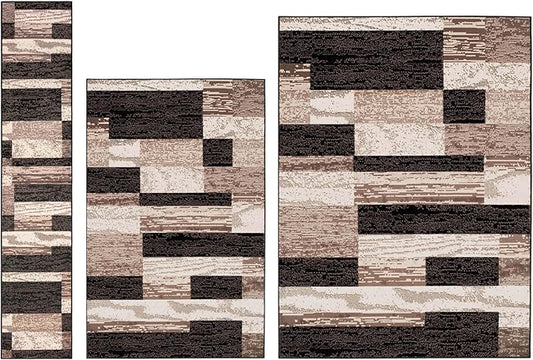Superior Rockwood 3 Piece Indoor Area Rug Set, Jute Backing, Modern Color Block Decor, Hallway, Entry, Office, Kitchen, Bedroom, Living Room Floors, Plush Rugs, 2' x 11', 5' x 8', 8' x 10', Chocolate