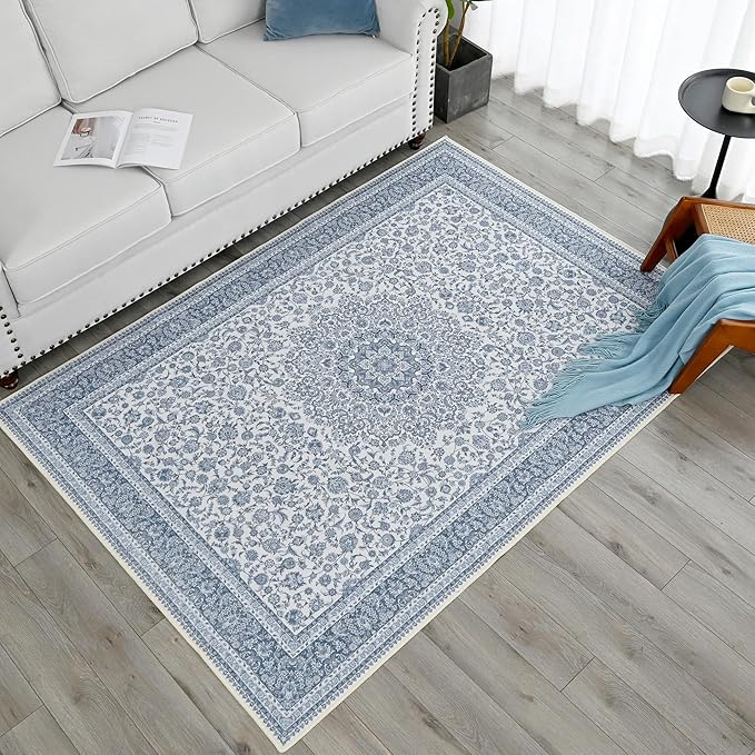 Floral Washable Area Rug 9x12, Spill-Proof Surface, Non-Slip Backing, Cozy Soft Faux Wool, Printed Rug for Living Room, Bedroom, Dining Room - Ieve