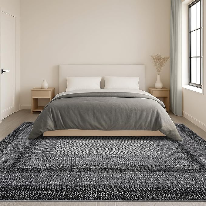 Imitation Braided Collection-Print Washable Area Rug 4x6 Modern Entryway Rug with Non Slip Rubber Backing, Farmhouse Soft Low Pile Rustic Accent Rug for Living Room Bedroom Dining Room