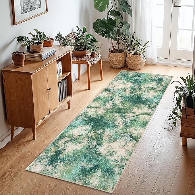 jinchan Spring Runner Rug 2x6 Modern Hallway Rug Abstract Washable Runner Indoor Watercolor Print Contemporary Non Slip Soft Carpet for Kitchen Bedroom Bathroom Laundry Room Living Room, Green Multi
