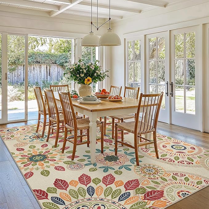 Bavni 5x7 Area Rugs, Floral Machine Washable Rug Non Slip, Modern Printed Thin Living Room Rugs, Stain Resistant Rugs for Bedroom, Dining Room, Beige Red