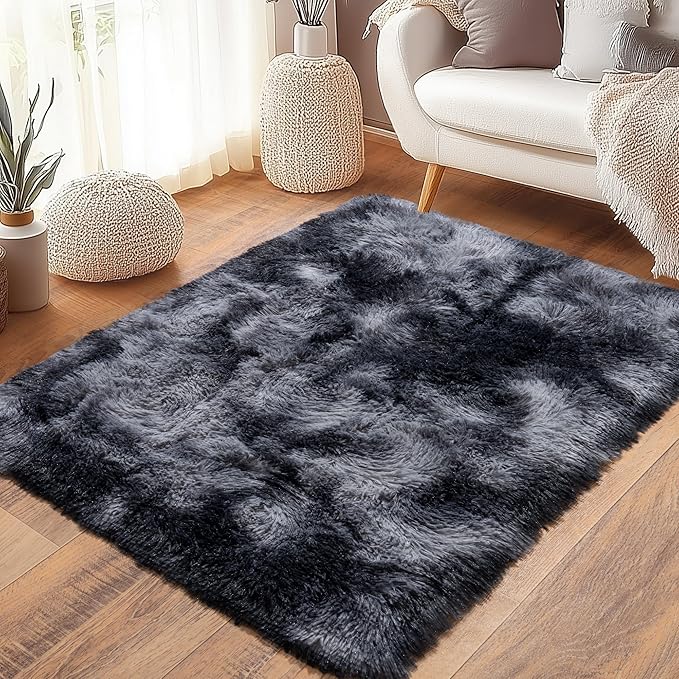 Tie-Dyed Black Fluffy Rug for Bedroom 3x5 ft Small Rug - Ultra Soft & Non Slip Shaggy Area Rug, Comfy Durable Carpet for Living Room Kids Room Teens Dorm Home Decor, 1.7'' Thick Indoor Carpets