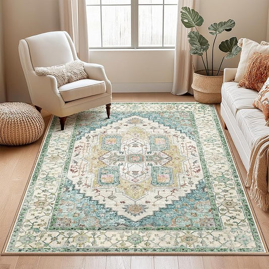 Washable 4x6 Area Rugs, Rugs for Living Room, Low-Pile Water&Stain Resistant Carpet Vintage Distressed Printed Non-Slip Carpet for Bedroom Bathroom Kitchen-Grass Green
