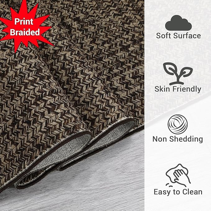 Printed Washable Runner Rug 2x8 Runners for Hallways Braided Pattern Non Slip Bath Mat Modern Soft Bedroom Rug Farmhouse Kitchen Rugs Entryway Rugs Stain Resistant Carpet 2'x8' Black/Brown