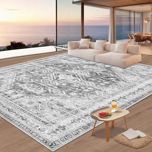 Zomfy Area Rug Vintage 9x12 Living Room Rugs: Large Washable Rug, Traditional Medallion Rug, Non Slip Boho Carpet for Bedroom Dining Table Kitchen Home Office(Grey, 9'x12')