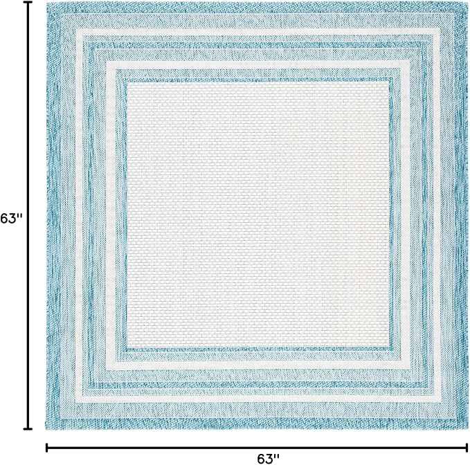 SAFAVIEH Courtyard Collection Area Rug - 5'3" Square, Ivory & Aqua, Indoor/Outdoor, Weather Resistant & Washable, Ideal for Patio, Backyard, Mudroom, Deck (CY8475)