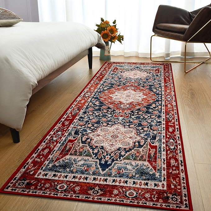 YJ.GWL Area Rug 2.6x8, Machine Washable Hallway Runner Rug, Boho Floral Vintage Distress Print Pattern Carpet, Low Pile Lightweight Thin Rugs for Entryway, Kitchen and Corridor, Red