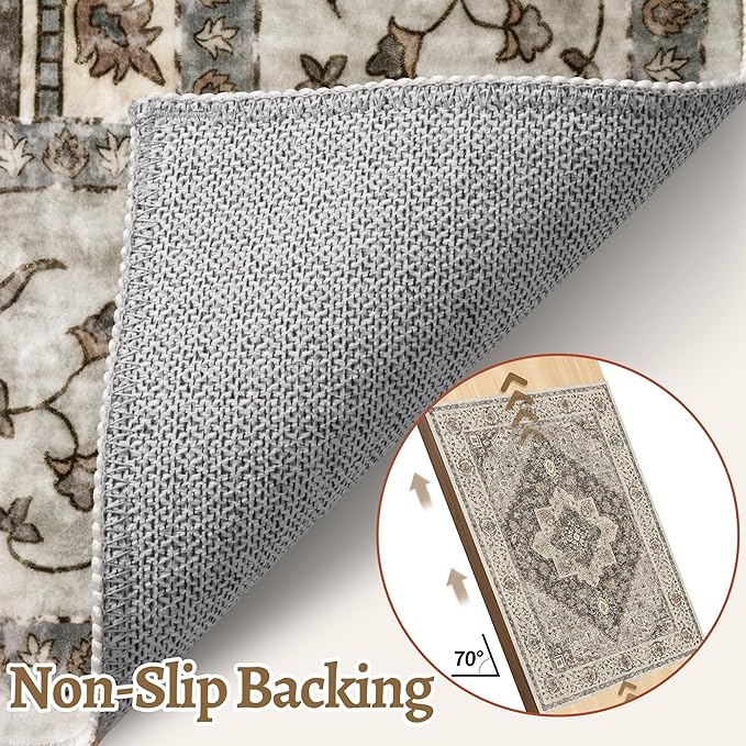 2.6x8 Washable Runner Rug for Hallways, Non Slip Vintage, Soft Low Pile Long Runner, Print Distressed Brown/Grey Carpet Runners for Kitchen Bedroom Entryway Bathroom Living Room