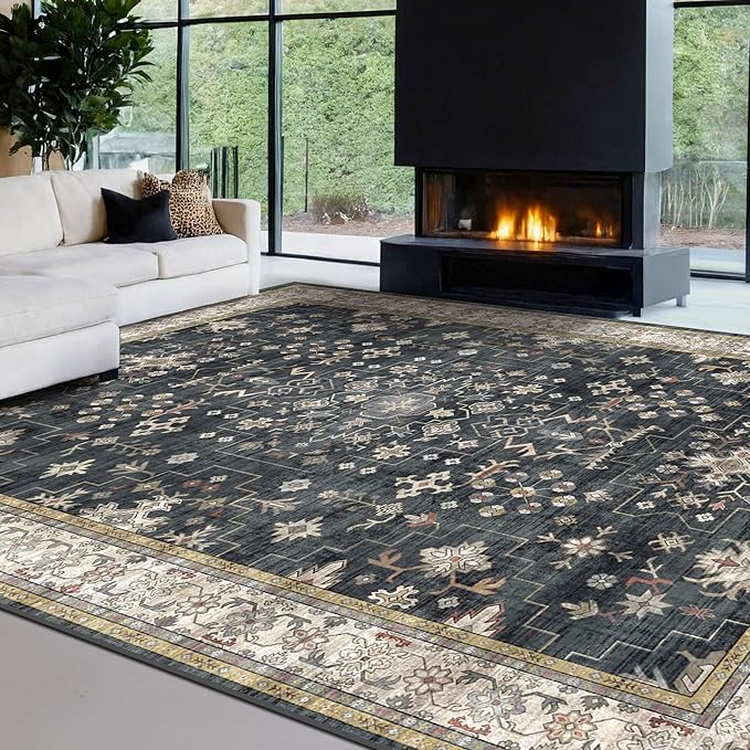 Black Boho Rug for Living Room 9x12 - Washable Dining Room Rugs for Under Table, Vintage Soft Low Pile Carpet for Bedroom, Non-Slip Farmhouse Bohemian Large Tumble Rug for High Traffic Area