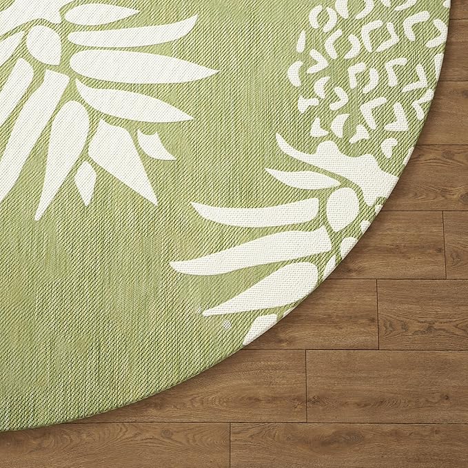 LR Home 5ft Round Indoor/Outdoor Area Rug for Home Decor | Coastal Pineapples Large Size Carpet for Living Room, Bedroom, Playroom, Patio, Garden | Tropical Farmhouse Rug | Dark Green/Beige