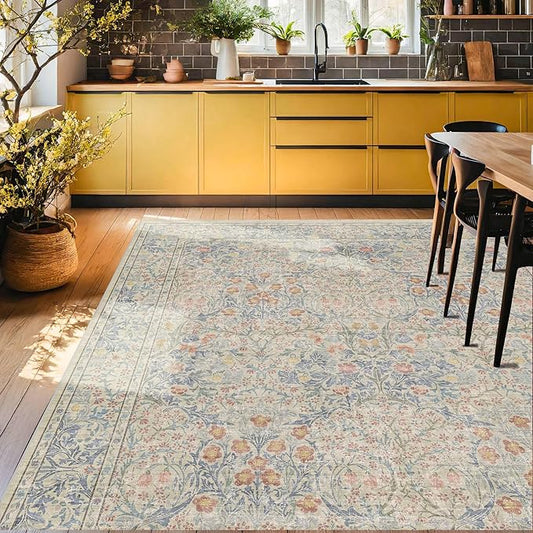 Washable Dining Room Rugs, 6x9 Area Rug for Living Room, Kids Room, Baby Nursery Rug - Low Pile Non-Slip Rugs - Oriental Vintage Design & Stain Resistance (6x9 Beige Blue)