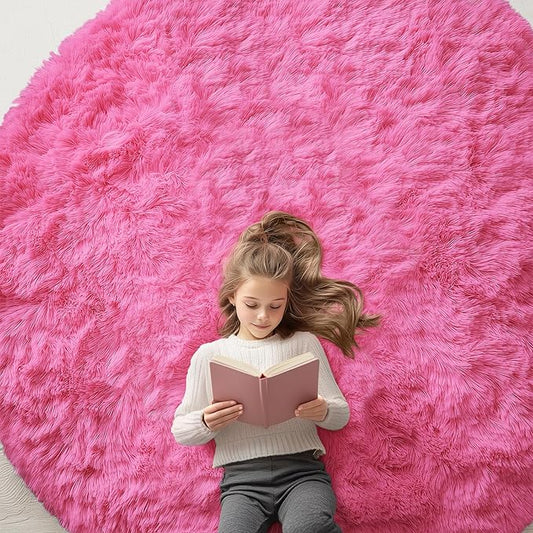 OLANLY Hot Pink Round Rugs for Bedroom - Machine Washable, 7x7 Feet Circle Area Rugs for Living Room, Soft and Fluffy Shaggy Carpet for Teen Girls and Boys, Dorms, Nursery Rooms, Home Decor Aesthetic