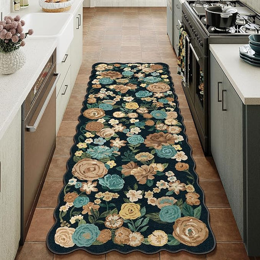 Washable Floral Runner Rug 2x6 Black Hallway Carpet Scalloped Flower Non Slip Soft Long Kitchen Runner Farmhouse Low Pile Thin Indoor Floor Cover for Bathroom Bedroom Laundry Room Entryway