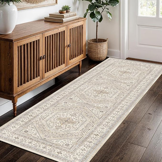 2x5 Runner Rug for Hallway Washable: Non Slip Kitchen Rugs with Rubber Backing Soft Waterproof Mats Stain Resistant Indoor Vintage Carpet Runner for Bedroom Bathroom Laundry Entryway Beige/Gray