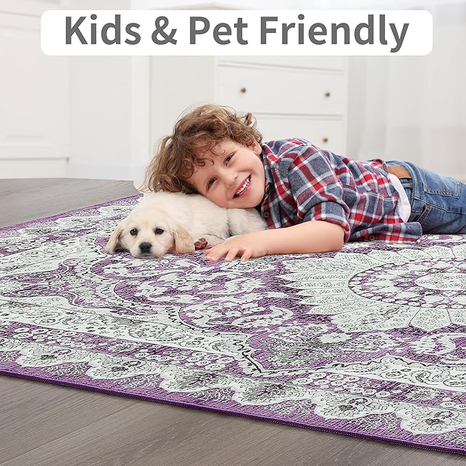 Foxmas Hallway Runner Rug, 2x6 Vintage Kitchen Runner Area Rugs Non Skid Washable, Low Pile Throw Rugs with Rubber Backing Carpet for Laundry Room Entryway Bedroom Home Decor, Purple