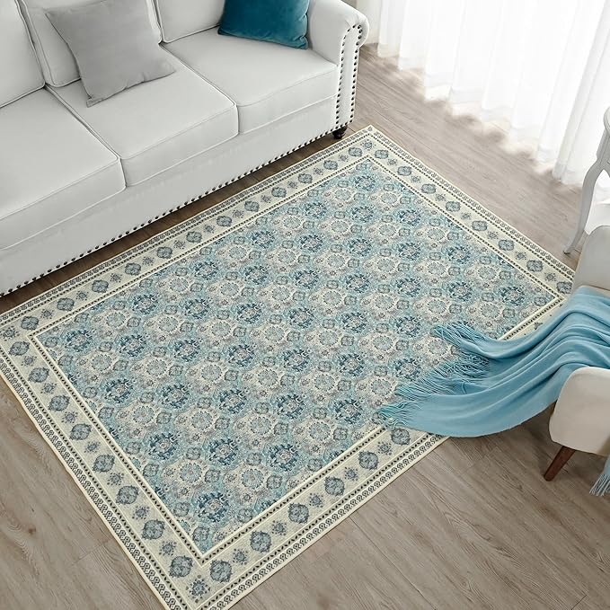 Vintage Washable Area Rug 4x6, Spill-Proof Surface, Non-Slip Backing, Cozy Soft Faux Wool, Printed Rug for Entryway, Living Room, Bedroom- Maya