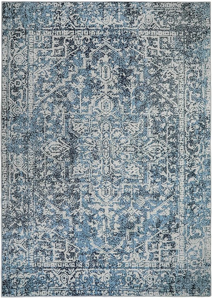 Morebes Vintage Blue 5x7 Rugs for Living Room, Washable Large Bedroom Area Rug with Non Slip Rubber Backed, Stain Resistant Low Pile Soft Indoor Carpet for Dining Room Office Kitchen