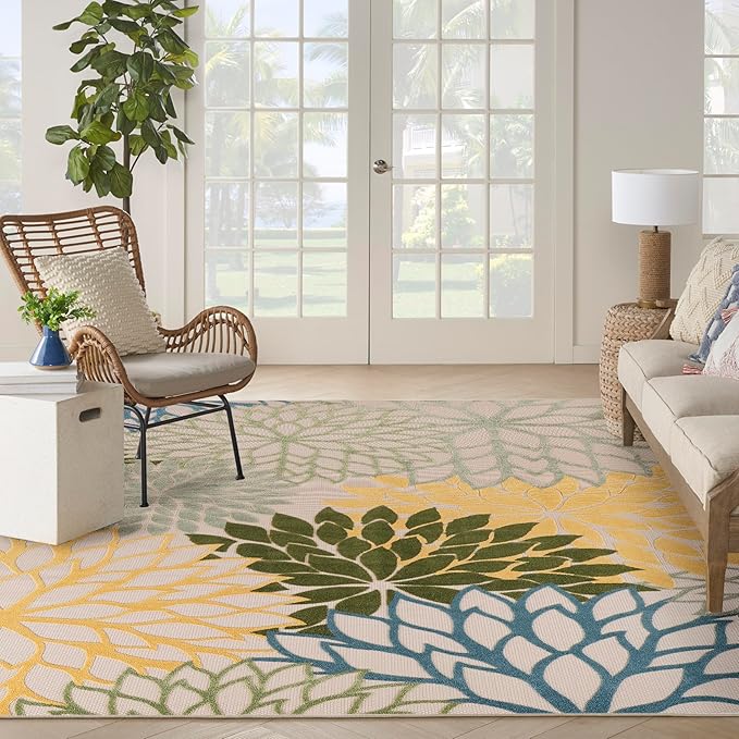 Nourison Aloha Indoor-Outdoor Green Multicolor 10' x 14' Area Rug, Easy Cleaning, Non Shedding, Bed Room, Living Room, Dining Room, Backyard, Patio, Deck (10x14)